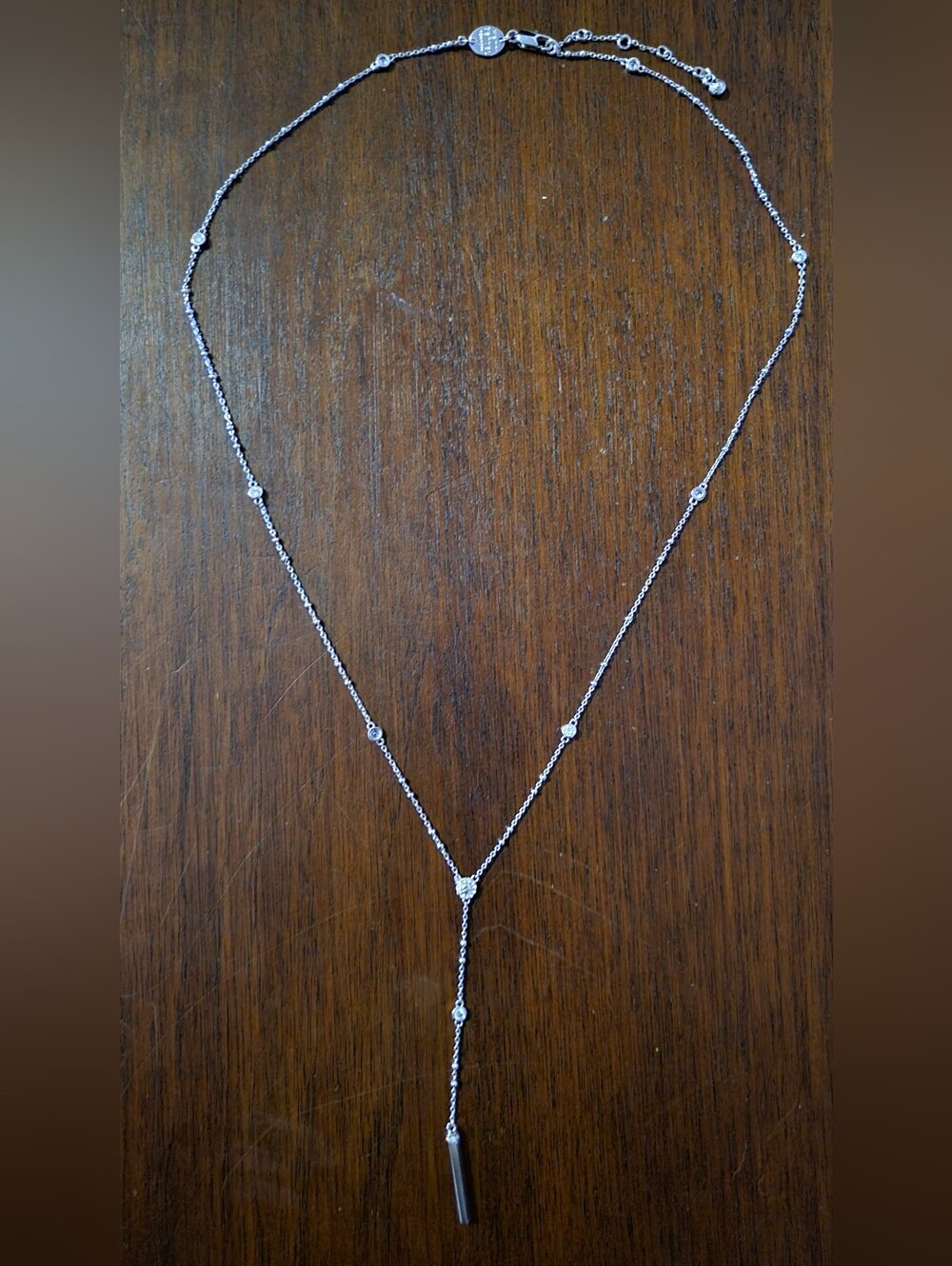Henri Bendel New York Silver Tone Crystal Lariat Y-Necklace Cylinder Bar Drop